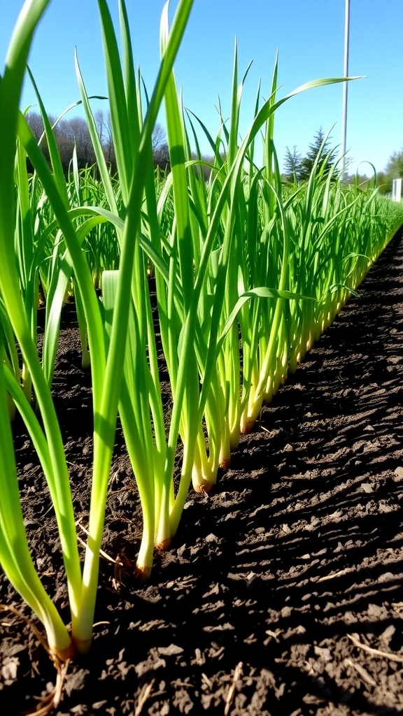 Rows of healthy garlic plants in a garden against a sunny backdrop.
